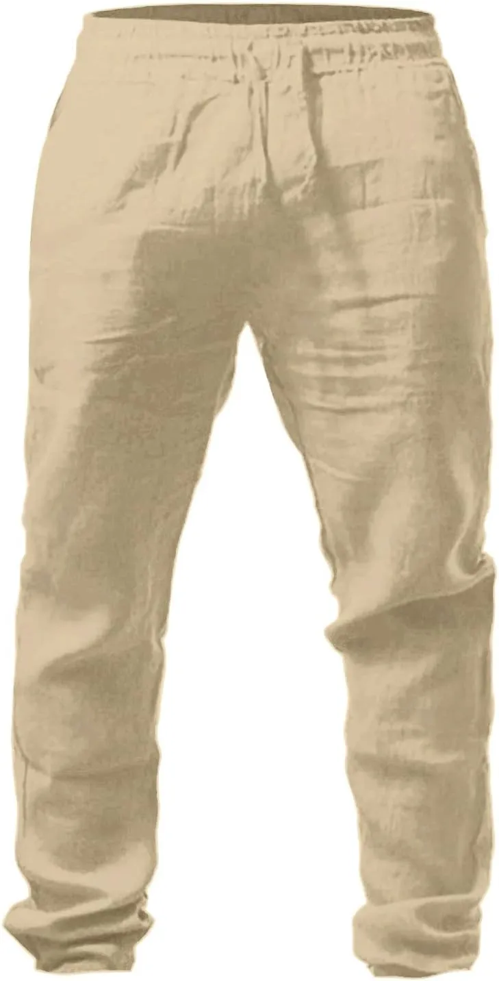 Mens Cotton Linen Pants Casual Summer Elastic Waist Drawstring Beach Athletic Pants for Workout, Jogging, Running