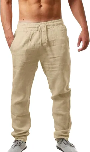 Mens Cotton Linen Pants Casual Summer Elastic Waist Drawstring Beach Athletic Pants for Workout, Jogging, Running
