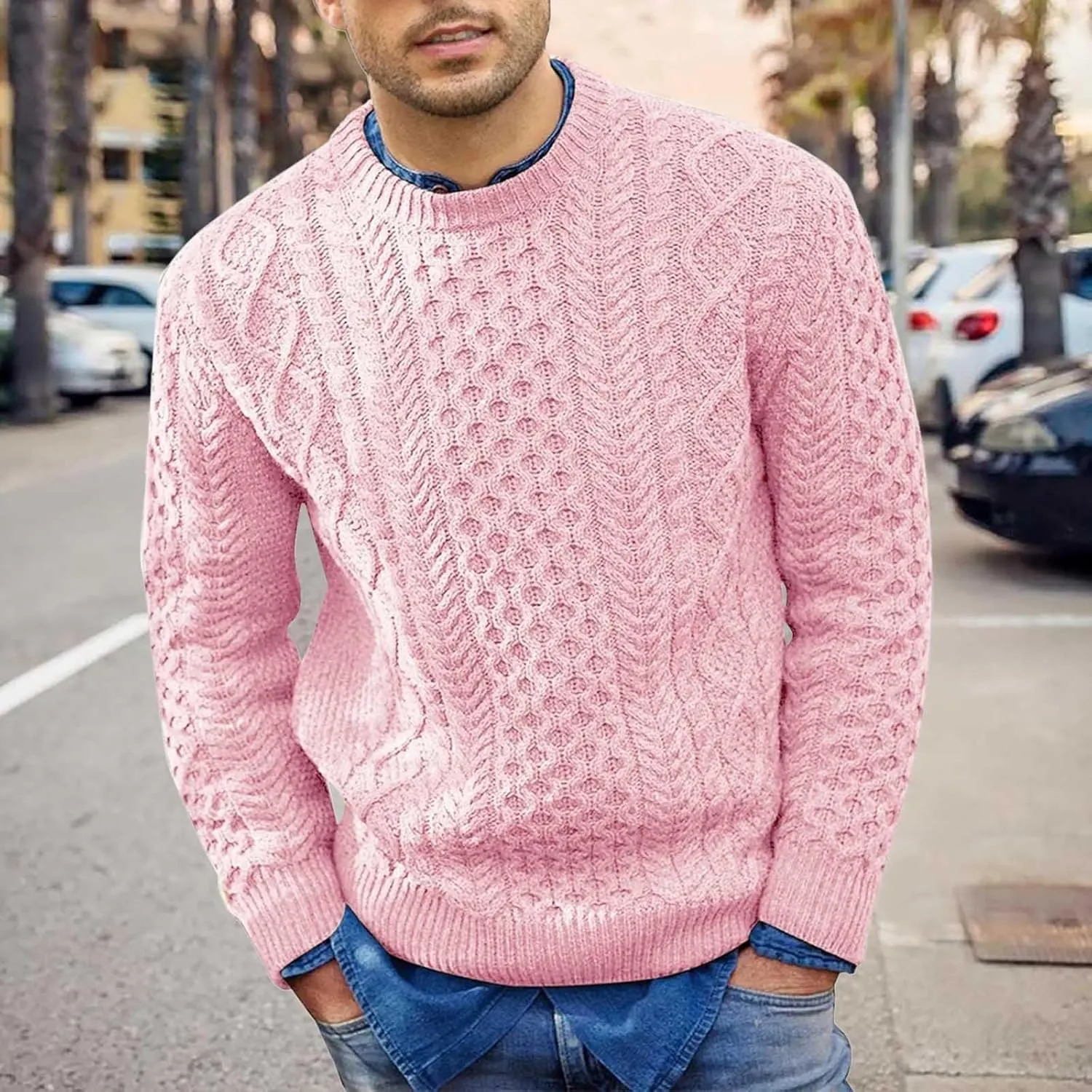 Men's Crewneck Pullover Sweater Chunky Cable Knit Sweater Classic Casual Sweaters Textured Sweater Tops