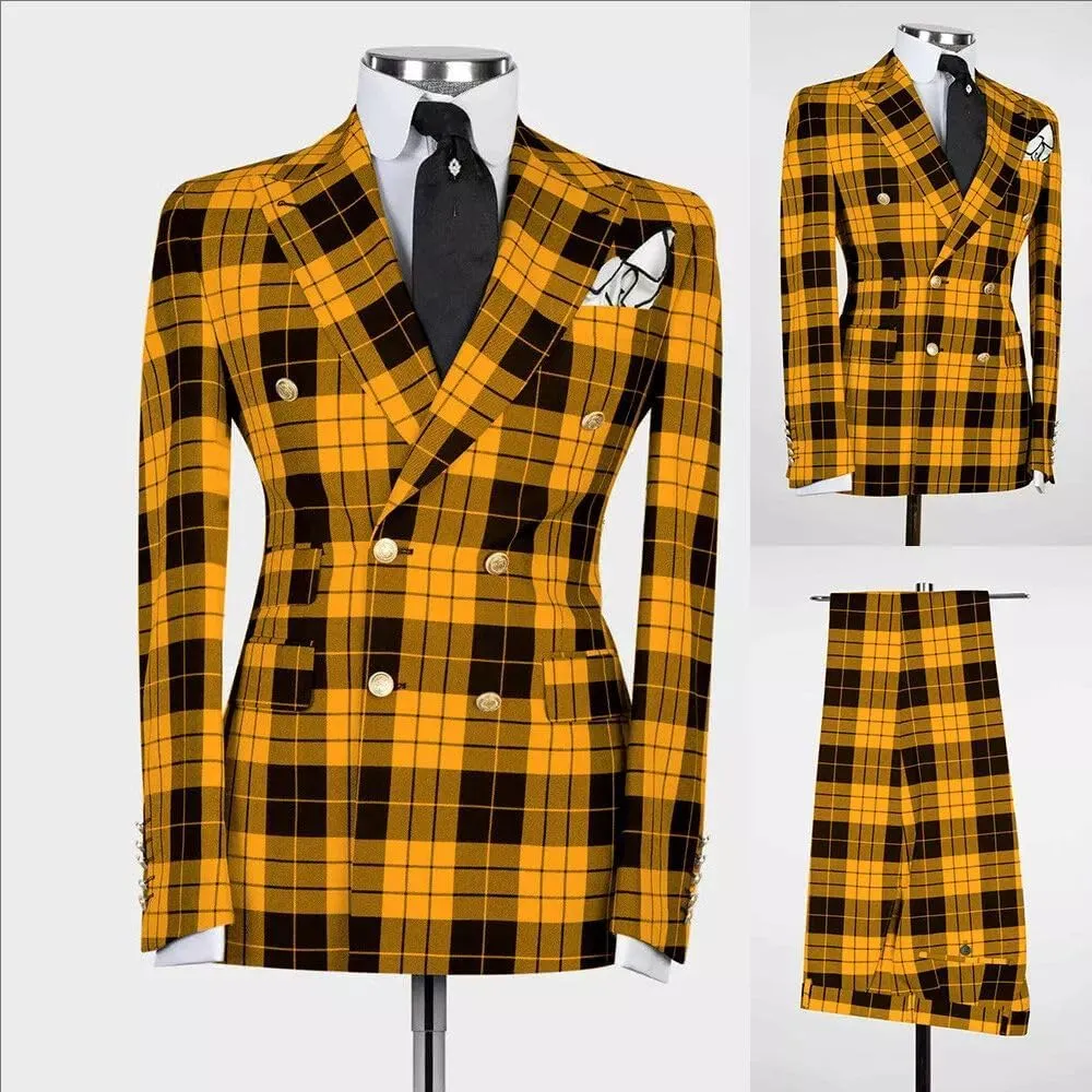 Mens Double-Breasted Plaid Blazer Checkered Leisure Prom Tuxedo Grooms 2 Pieces Slim Fit Suits Set