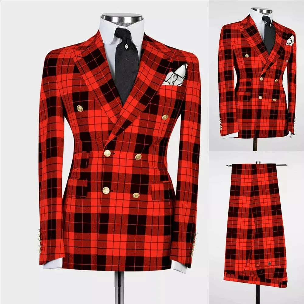 Mens Double-Breasted Plaid Blazer Checkered Leisure Prom Tuxedo Grooms 2 Pieces Slim Fit Suits Set