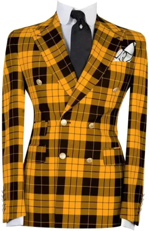 Mens Double-Breasted Plaid Blazer Checkered Leisure Prom Tuxedo Grooms 2 Pieces Slim Fit Suits Set