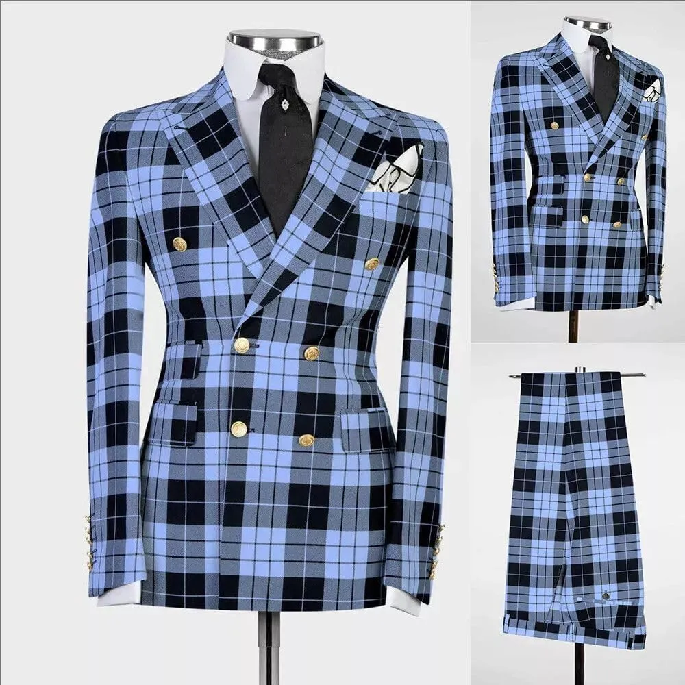 Mens Double-Breasted Plaid Blazer Checkered Leisure Prom Tuxedo Grooms 2 Pieces Slim Fit Suits Set