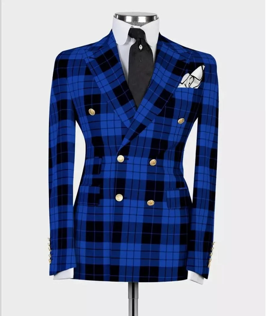 Mens Double-Breasted Plaid Blazer Checkered Leisure Prom Tuxedo Grooms 2 Pieces Slim Fit Suits Set