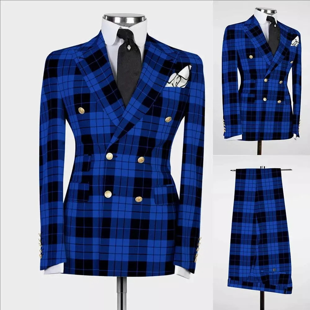 Mens Double-Breasted Plaid Blazer Checkered Leisure Prom Tuxedo Grooms 2 Pieces Slim Fit Suits Set