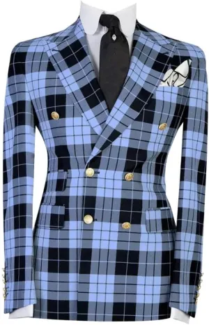 Mens Double-Breasted Plaid Blazer Checkered Leisure Prom Tuxedo Grooms 2 Pieces Slim Fit Suits Set