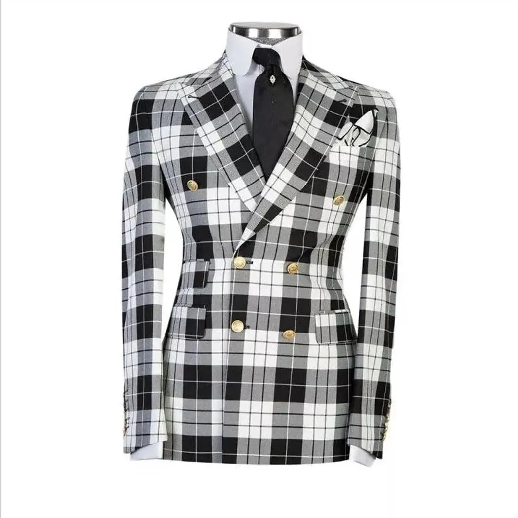 Mens Double-Breasted Plaid Blazer Checkered Leisure Prom Tuxedo Grooms 2 Pieces Slim Fit Suits Set