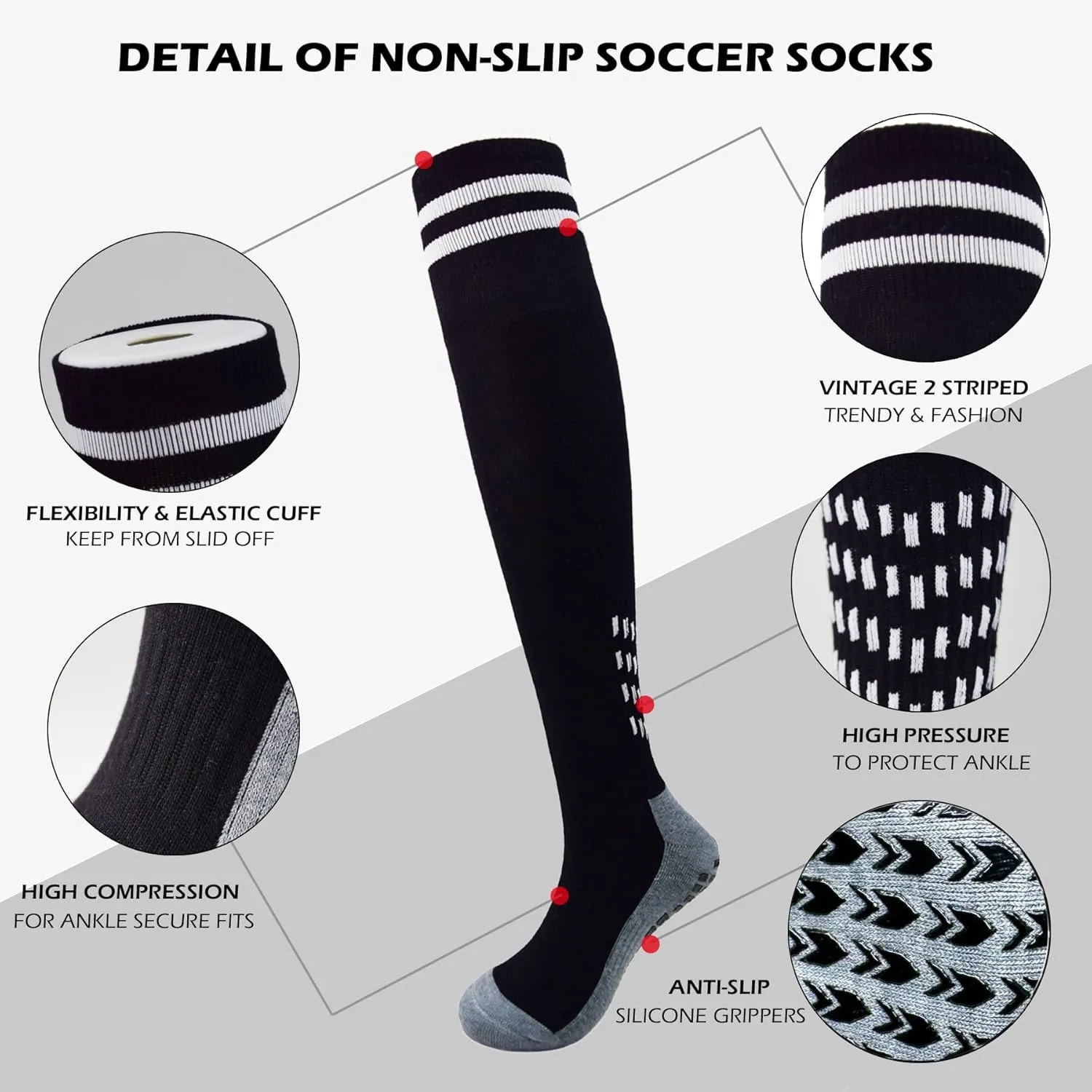 Men's Double Stripe Grip Soccer Socks with Cushion, Non Slip Long Football Socks Compression Athletic Socks Men Women
