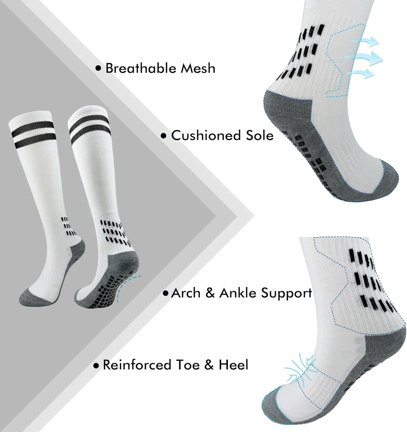 Men's Double Stripe Grip Soccer Socks with Cushion, Non Slip Long Football Socks Compression Athletic Socks Men Women
