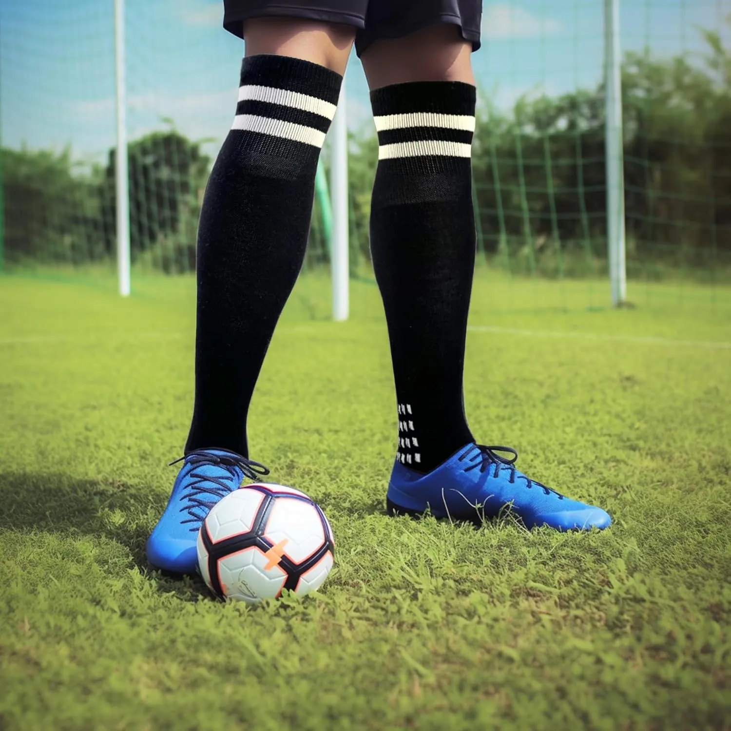 Men's Double Stripe Grip Soccer Socks with Cushion, Non Slip Long Football Socks Compression Athletic Socks Men Women