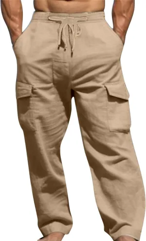 Mens Linen Beach Pants Big Tall Casual Elastic Waist Summer Beach Pants Lightweight Breathable Yoga Vacation Trouser