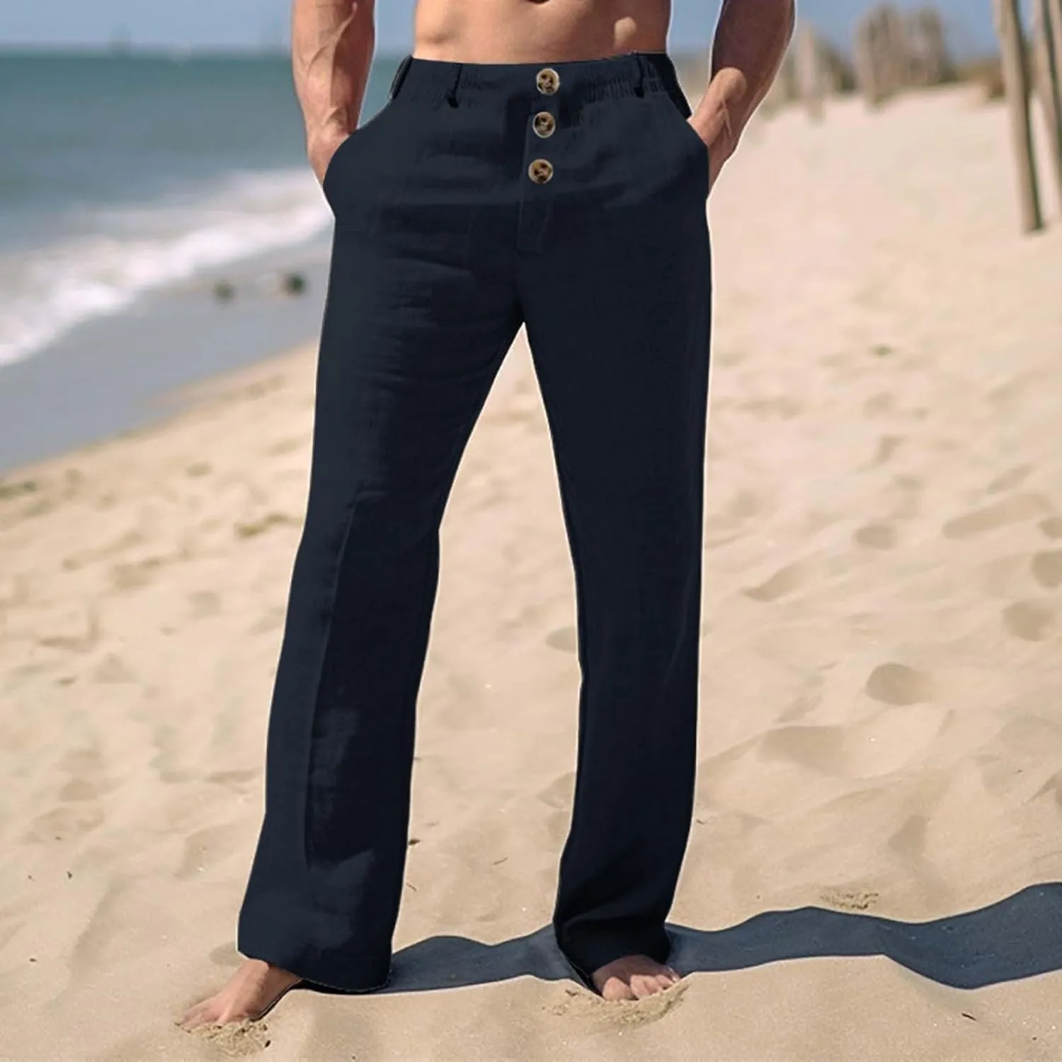 Mens Linen Pants Big and Tall Casual Elastic Waist Summer Beach Pants Lightweight Breathable Yoga Vacation Trousers