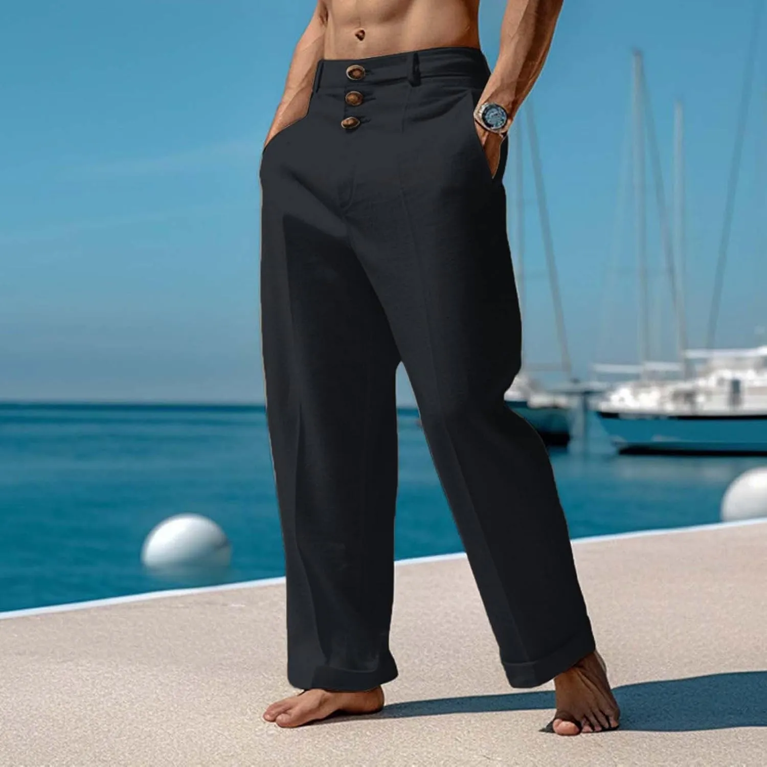 Mens Linen Pants Big and Tall Casual Elastic Waist Summer Beach Pants Lightweight Breathable Yoga Vacation Trousers