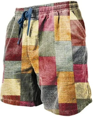 Mens Linen Plaid Shorts Casual Ethnic Pattern Jogger Shorts Summer Straight Drawstring Beach Short with Pockets