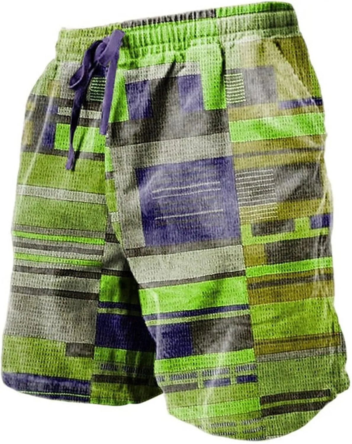 Mens Linen Plaid Shorts Casual Ethnic Pattern Jogger Shorts Summer Straight Drawstring Beach Short with Pockets