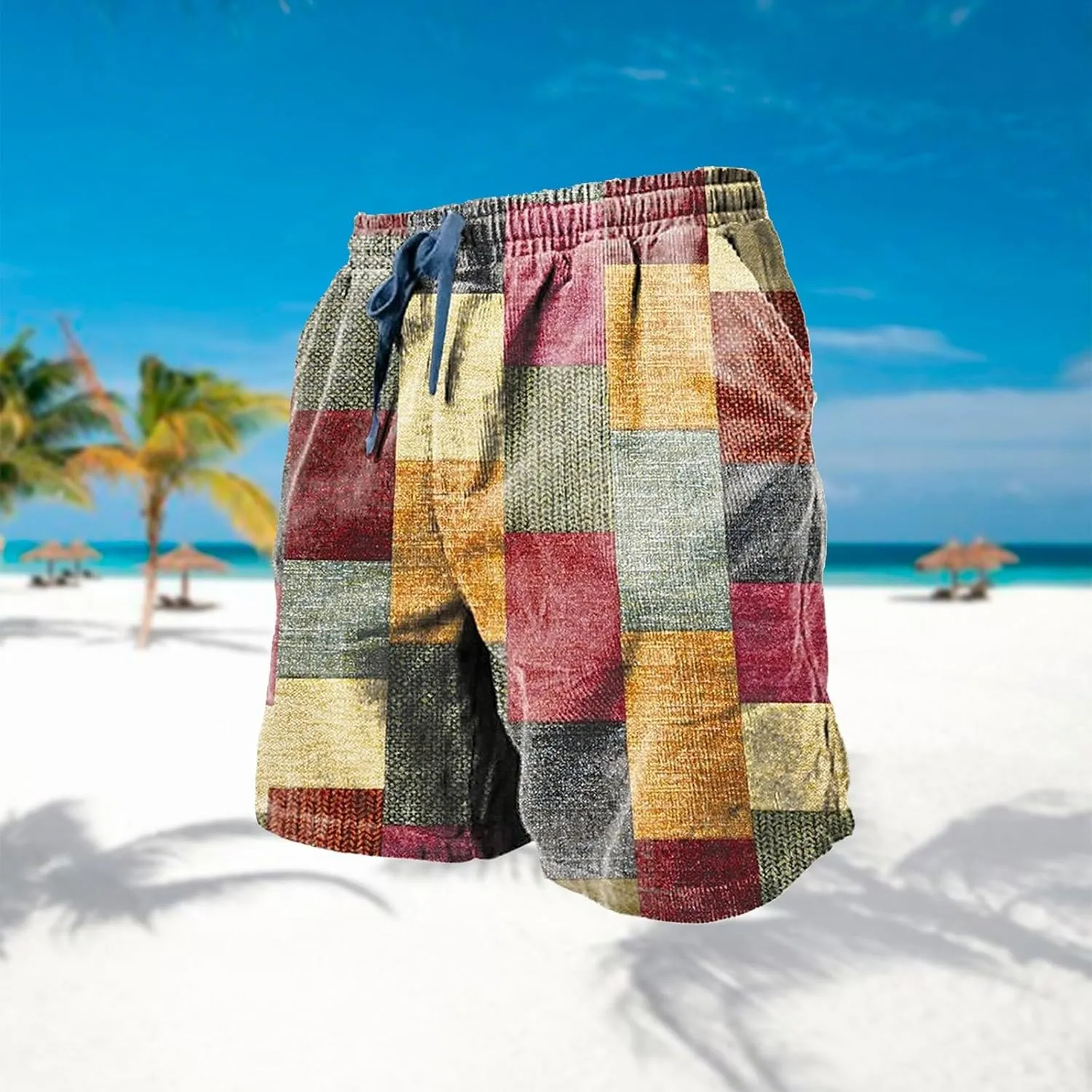 Mens Linen Plaid Shorts Casual Ethnic Pattern Jogger Shorts Summer Straight Drawstring Beach Short with Pockets