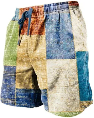 Mens Linen Plaid Shorts Casual Ethnic Pattern Jogger Shorts Summer Straight Drawstring Beach Short with Pockets