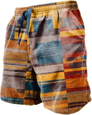 Mens Linen Plaid Shorts Casual Ethnic Pattern Jogger Shorts Summer Straight Drawstring Beach Short with Pockets