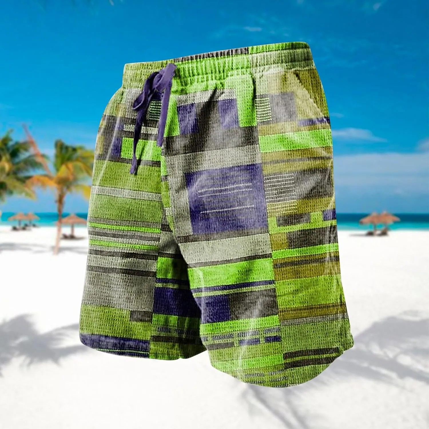 Mens Linen Plaid Shorts Casual Ethnic Pattern Jogger Shorts Summer Straight Drawstring Beach Short with Pockets