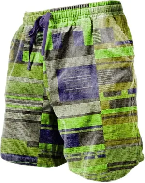 Mens Linen Plaid Shorts Casual Ethnic Pattern Jogger Shorts Summer Straight Drawstring Beach Short with Pockets