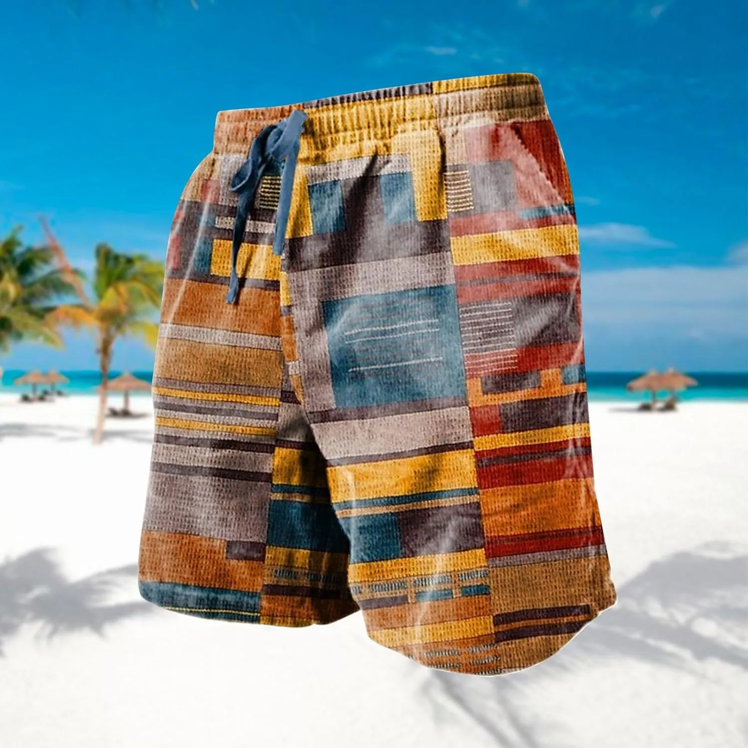 Mens Linen Plaid Shorts Casual Ethnic Pattern Jogger Shorts Summer Straight Drawstring Beach Short with Pockets