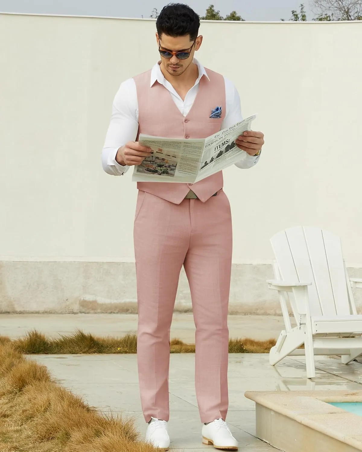 Men’s Linen Suit Slim Fit 2 Piece Lightweight Summer Suits Wedding Vest Pants Set with Pocket Square