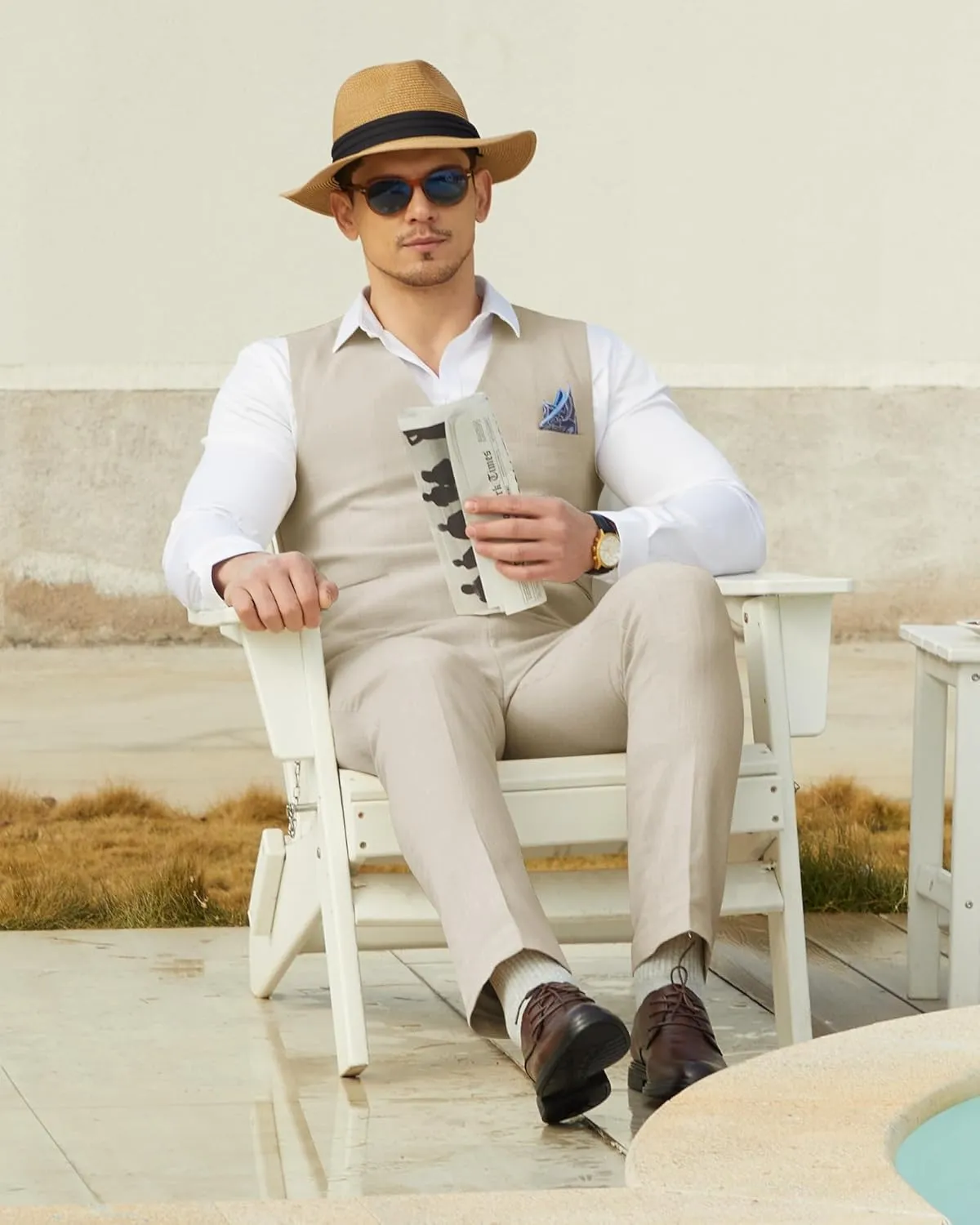 Men’s Linen Suit Slim Fit 2 Piece Lightweight Summer Suits Wedding Vest Pants Set with Pocket Square