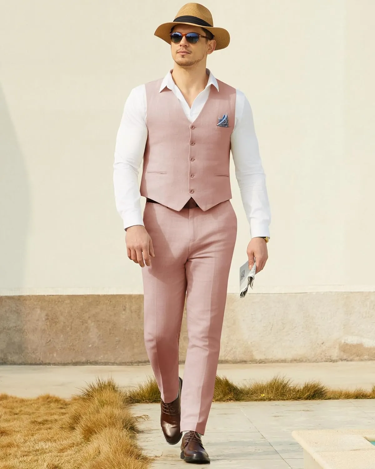 Men’s Linen Suit Slim Fit 2 Piece Lightweight Summer Suits Wedding Vest Pants Set with Pocket Square