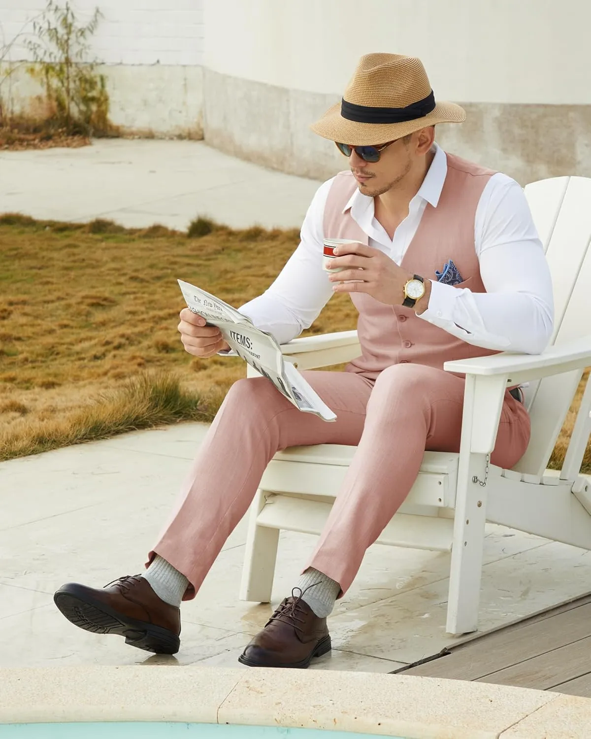 Men’s Linen Suit Slim Fit 2 Piece Lightweight Summer Suits Wedding Vest Pants Set with Pocket Square