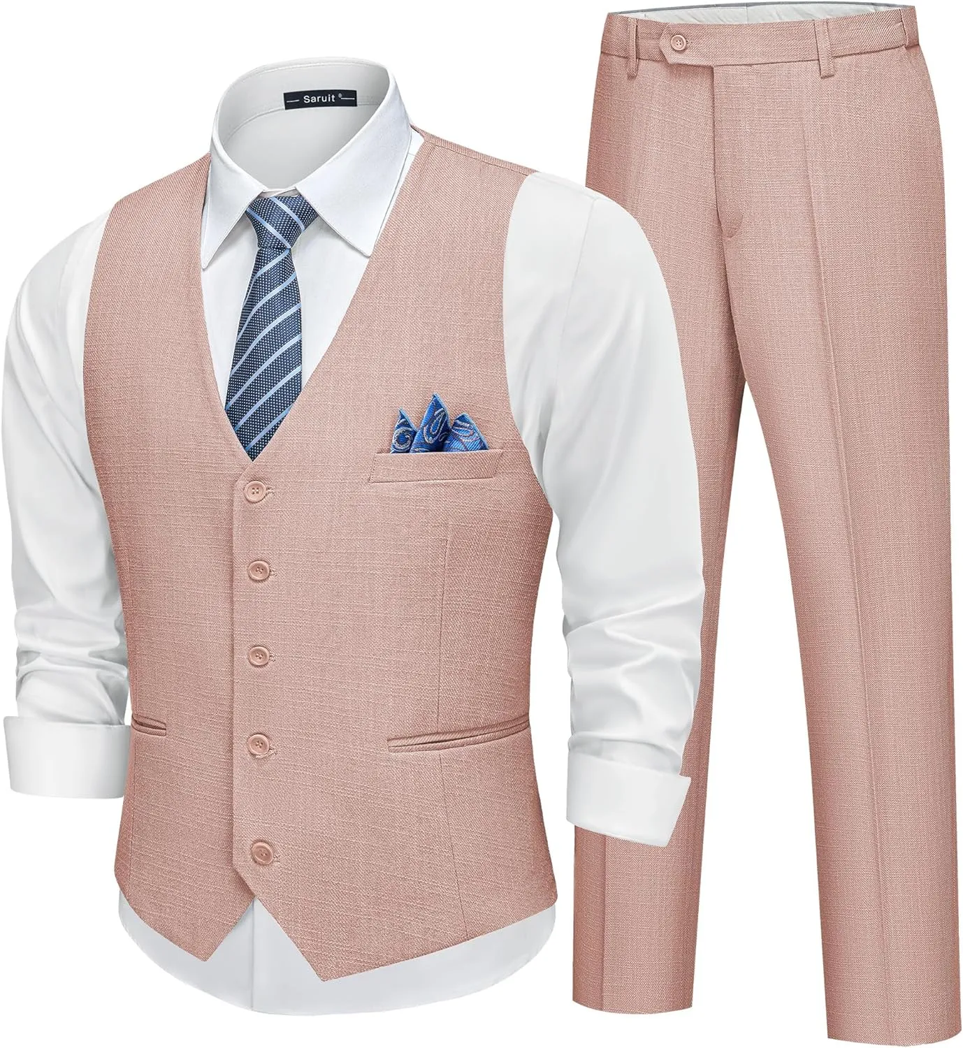 Men’s Linen Suit Slim Fit 2 Piece Lightweight Summer Suits Wedding Vest Pants Set with Pocket Square