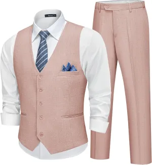 Men’s Linen Suit Slim Fit 2 Piece Lightweight Summer Suits Wedding Vest Pants Set with Pocket Square