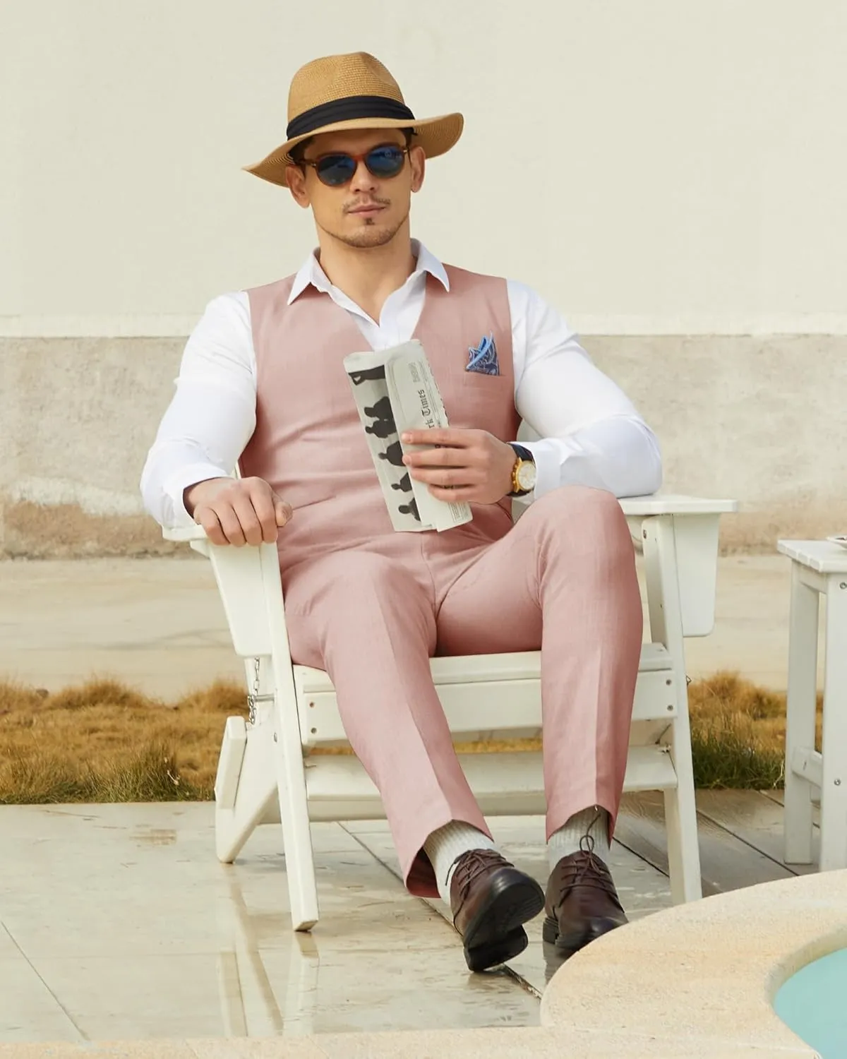 Men’s Linen Suit Slim Fit 2 Piece Lightweight Summer Suits Wedding Vest Pants Set with Pocket Square