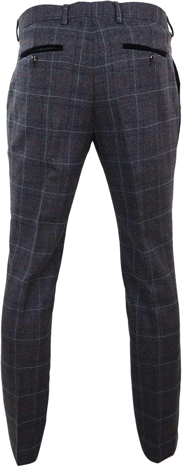 Mens Navy Blue Grey Charcoal Tweed Check Trousers Blinders Vintage