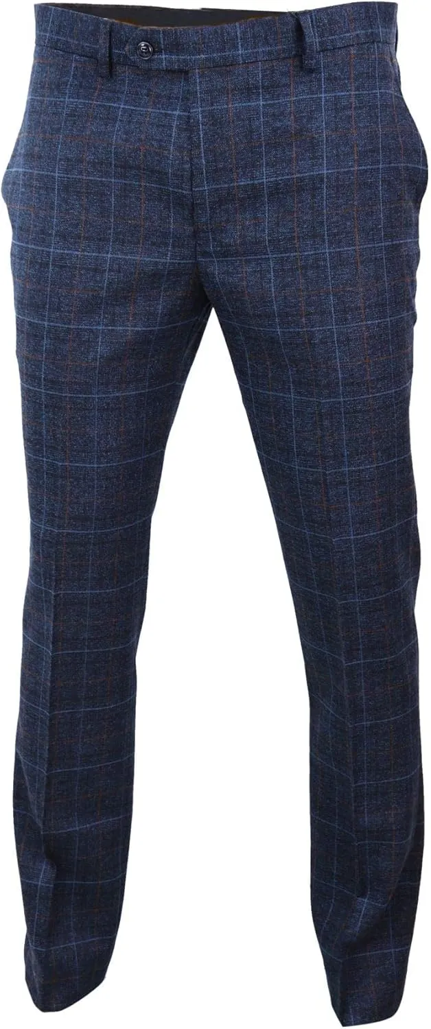 Mens Navy Blue Grey Charcoal Tweed Check Trousers Blinders Vintage
