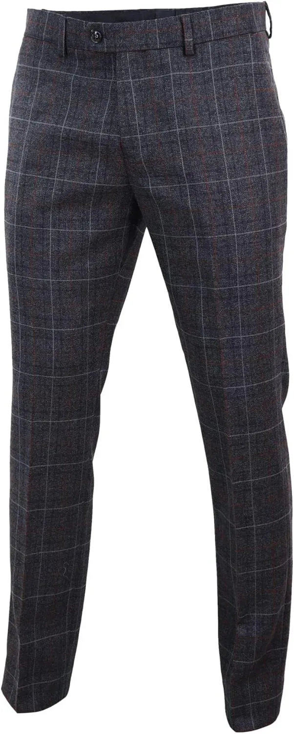 Mens Navy Blue Grey Charcoal Tweed Check Trousers Blinders Vintage