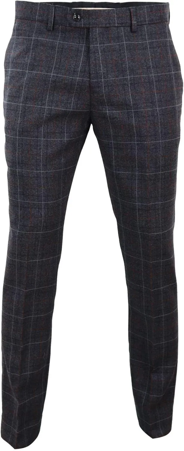 Mens Navy Blue Grey Charcoal Tweed Check Trousers Blinders Vintage