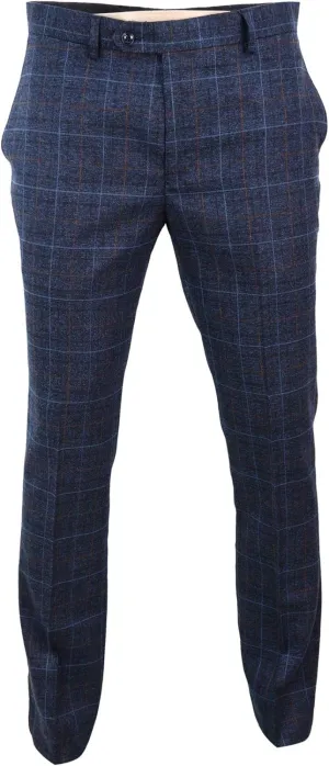 Mens Navy Blue Grey Charcoal Tweed Check Trousers Blinders Vintage