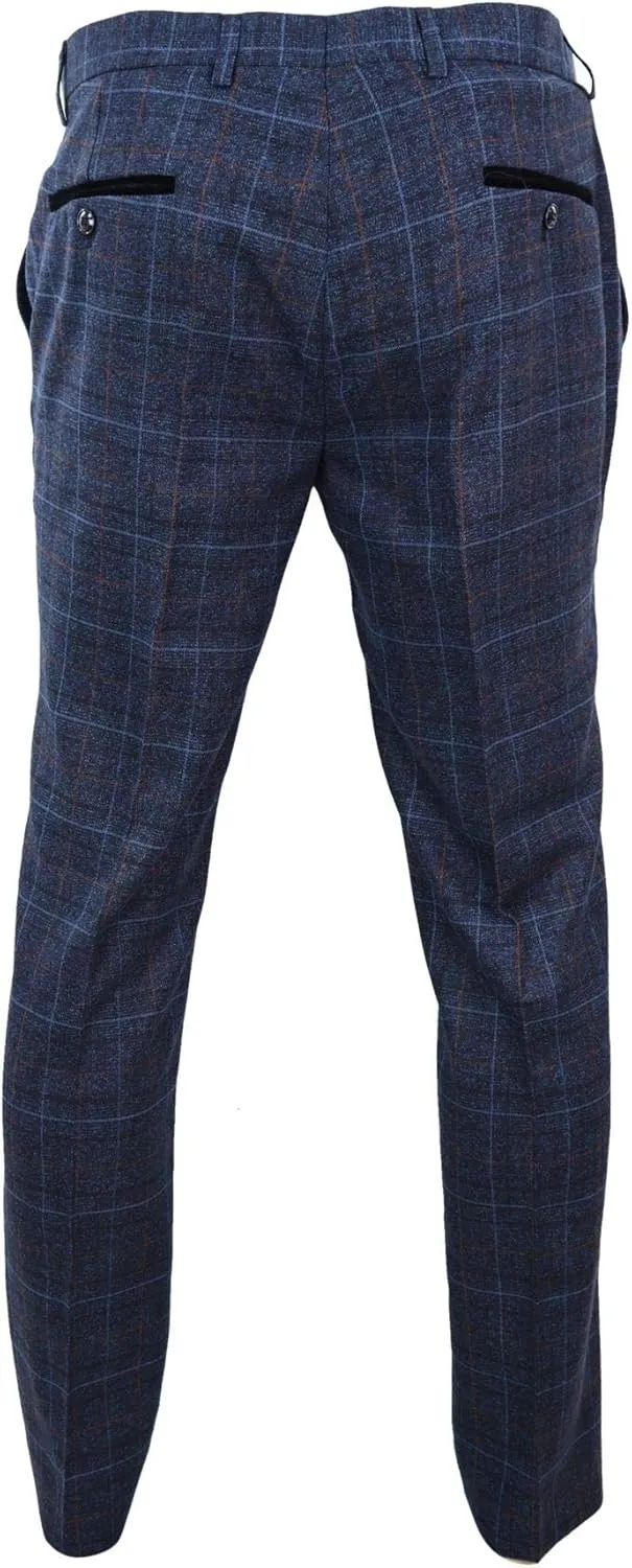 Mens Navy Blue Grey Charcoal Tweed Check Trousers Blinders Vintage