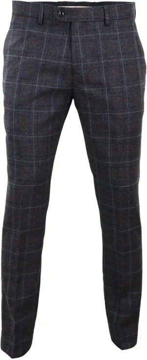 Mens Navy Blue Grey Charcoal Tweed Check Trousers Blinders Vintage
