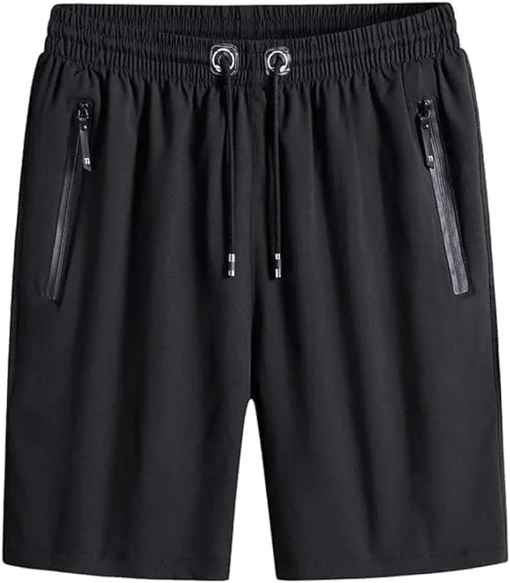 Men's Plus Size Ice Silk Stretch Shorts, Casual Beach Shorts, Quick Dry Sports Shorts with Zippered Pockets (Black,XL), X-Large