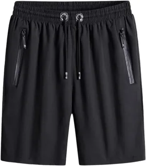 Men's Plus Size Ice Silk Stretch Shorts, Casual Beach Shorts, Quick Dry Sports Shorts with Zippered Pockets (Black,XL), X-Large