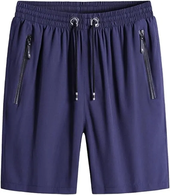 Men's Plus Size Ice Silk Stretch Shorts, Casual Beach Shorts, Quick Dry Sports Shorts with Zippered Pockets (Blue,5XL)