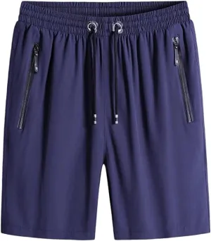 Men's Plus Size Ice Silk Stretch Shorts, Casual Beach Shorts, Quick Dry Sports Shorts with Zippered Pockets (Blue,5XL)