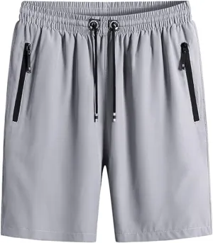 Men's Plus Size Ice Silk Stretch Shorts, Casual Beach Shorts, Quick Dry Sports Shorts with Zippered Pockets (Grey,3XL)