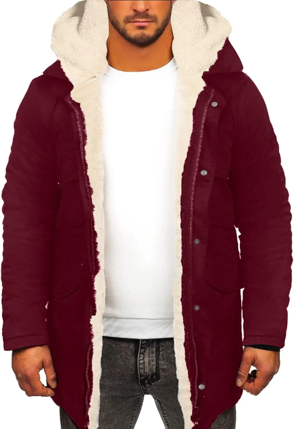 Men's Sherpa Lined Jacket with Hood Snaps Zipper Winter Thicken Warm Coats Casual Loose Stylish Shearling Faux Suede Jackets