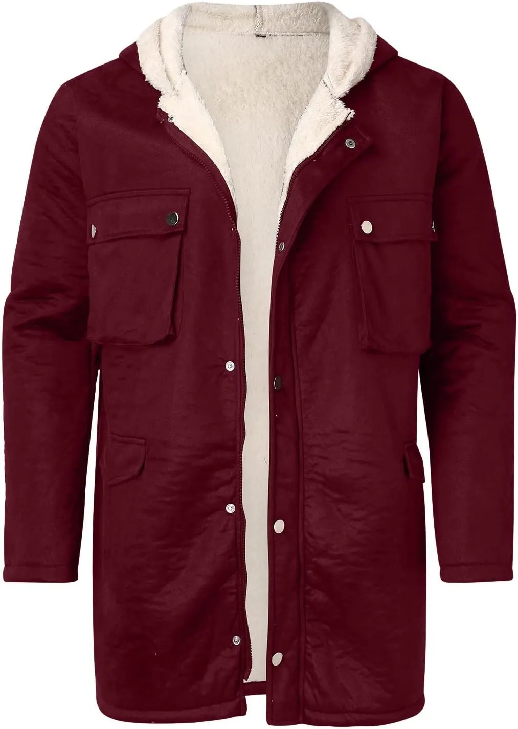 Men's Sherpa Lined Jacket with Hood Snaps Zipper Winter Thicken Warm Coats Casual Loose Stylish Shearling Faux Suede Jackets