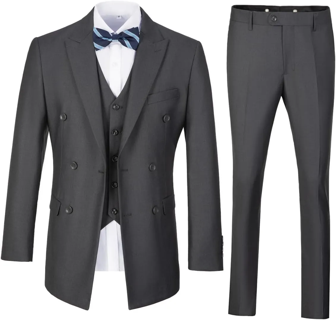 Mens Suits 3 Piece Slim Fit Double Breasted Suit Business Wedding Prom Tuxedo Solid Blazer Vest Pants Set
