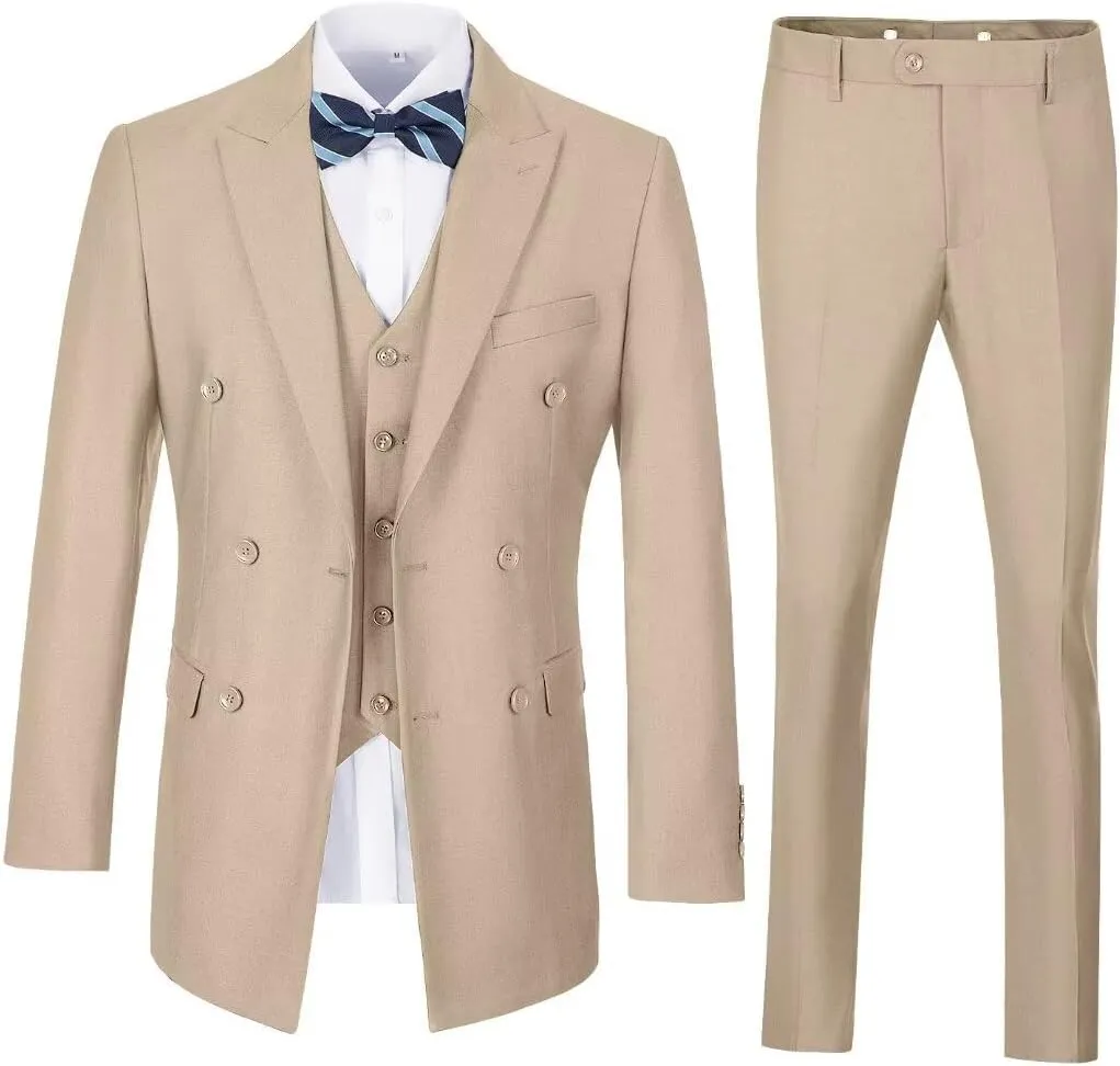 Mens Suits 3 Piece Slim Fit Double Breasted Suit Business Wedding Prom Tuxedo Solid Blazer Vest Pants Set