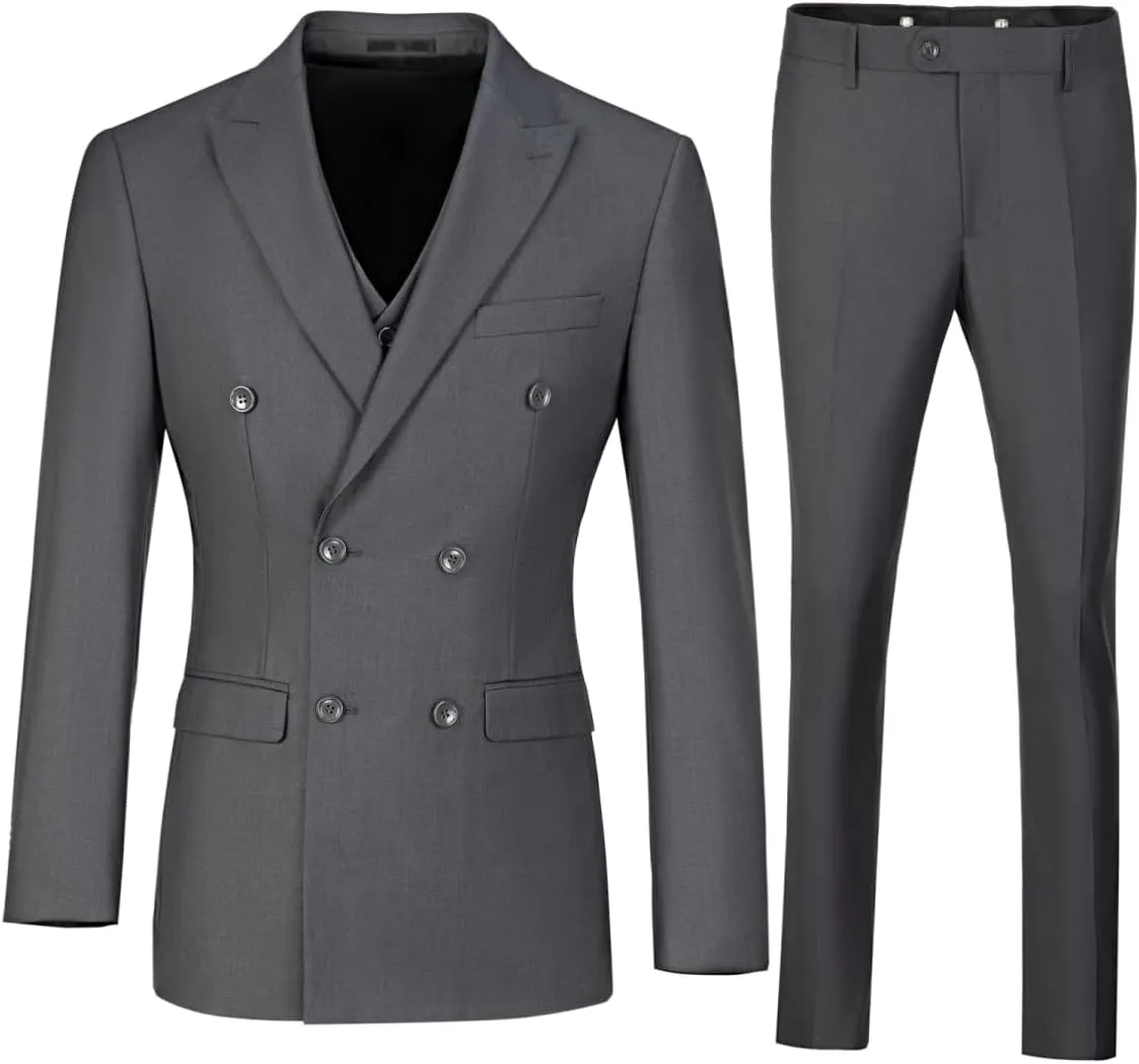 Mens Suits 3 Piece Slim Fit Double Breasted Suit Business Wedding Prom Tuxedo Solid Blazer Vest Pants Set