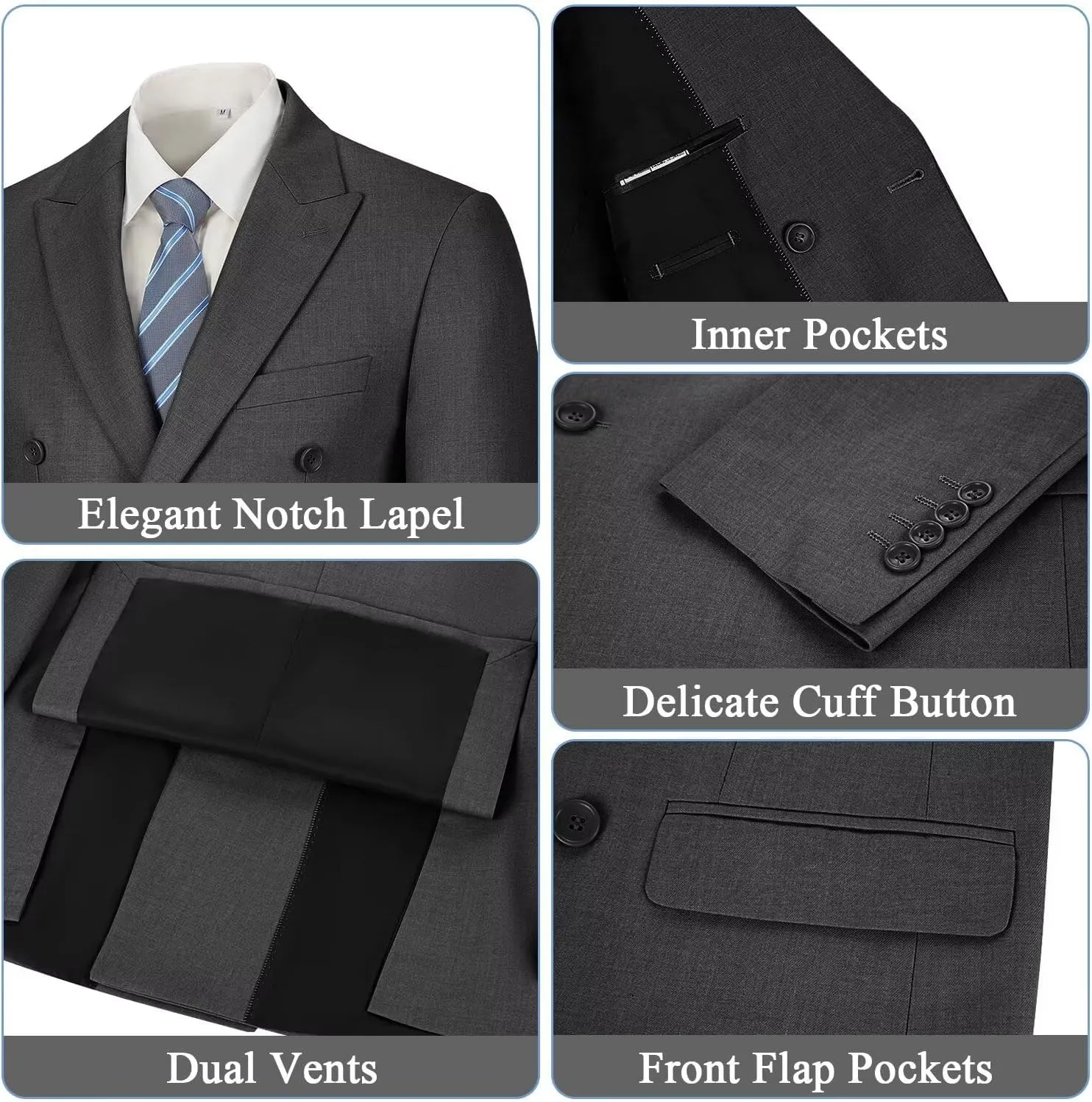 Mens Suits 3 Piece Slim Fit Double Breasted Suit Business Wedding Prom Tuxedo Solid Blazer Vest Pants Set